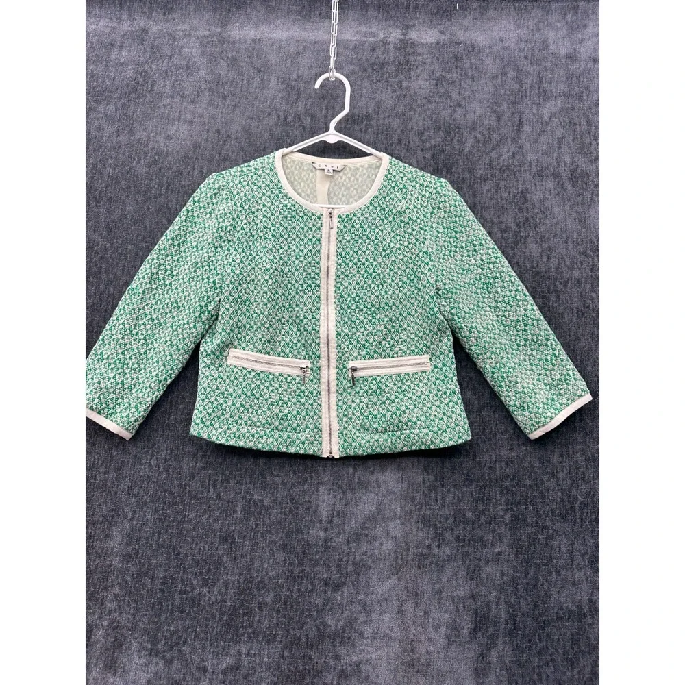 Cabi Cropped Jacket Womens 6 Green White Textured Tweed 3/4 Sleeve Full Zip‎